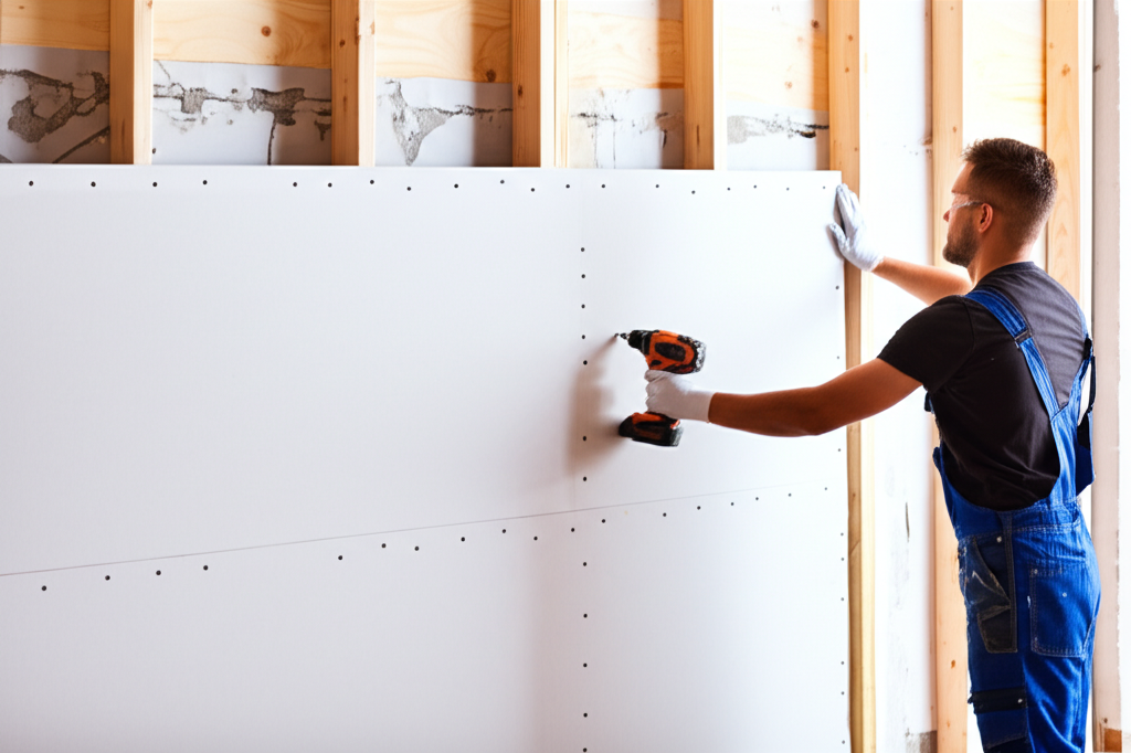 Professional installing new drywall